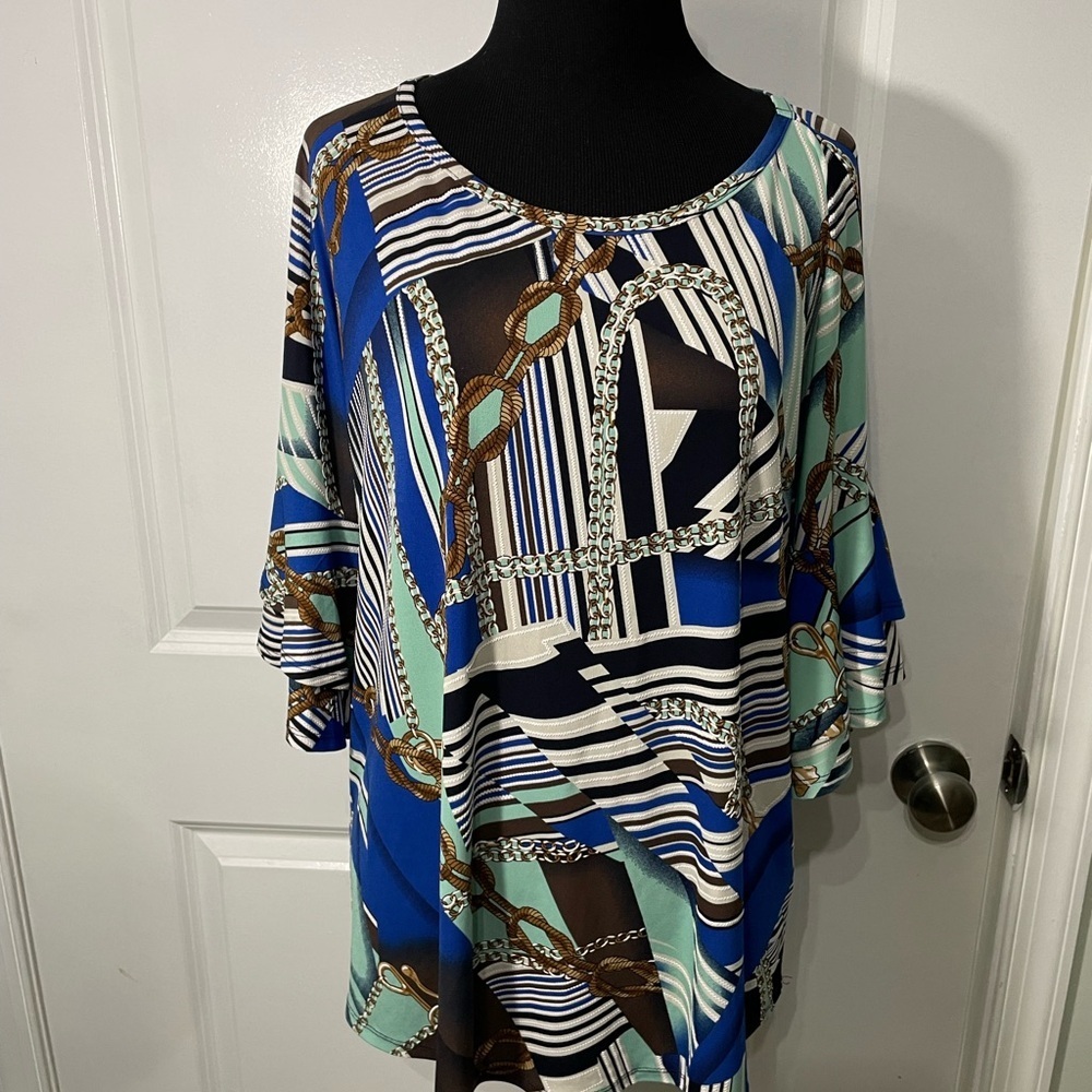 Sami & Jo Blue and Brown Geometric Blouse Size Large CB-AM